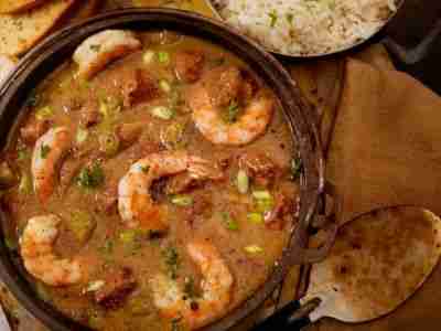 Creole Style Shrimp and Sausage Gumbo in a cast iron pot with White Rice and French Bread- Photographed on Hasselblad H3D2-39mb Camera